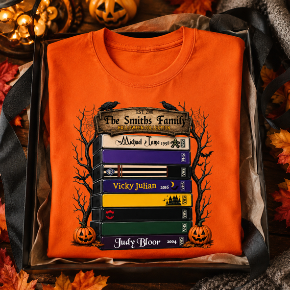 Custom Retro VHS Stack Family T‑Shirt, Personalized Halloween Horror Movie Tee, Spooky Fall Halloween Gift For Horror Movie Lovers