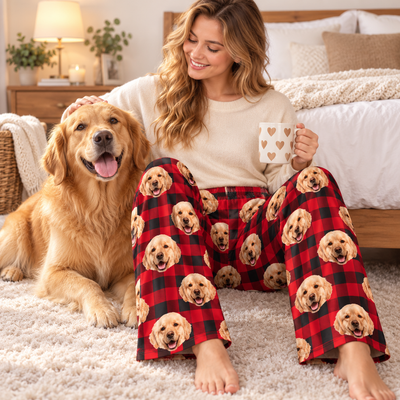 Custom Pet & Human Face Photo Print, Funny Dog Cat Design - Personalized Pajama Pants