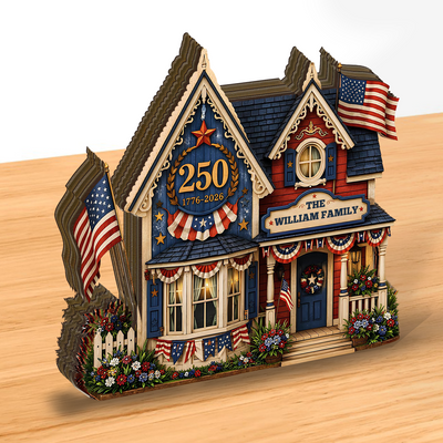 Custom Family Name USA 250th Anniversary Wooden Block | Personalized Wooden House Decor | Patriotic 4th Of July Decoration