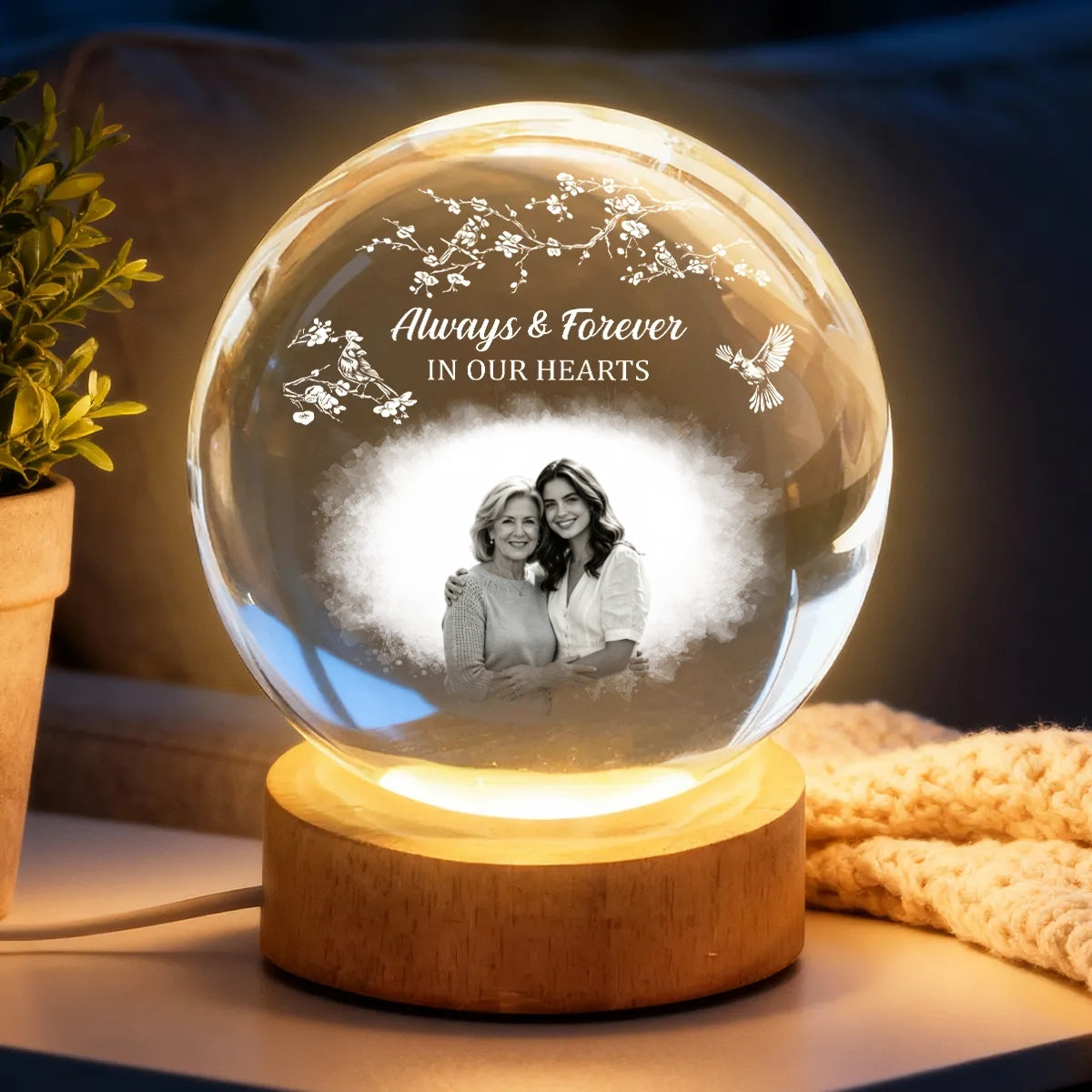 Always and Forever in Our Hearts - Personalized Crystal Ball LED Night Light - Heartfelt Memorial Keepsake, Memorial Gift For Loss Of Father, Mom