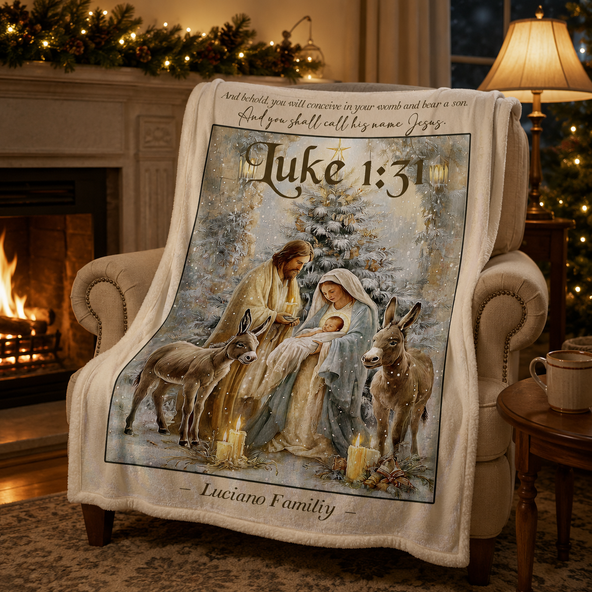 Personalized Christian Christmas Blanket, Custom Name Nativity Angel Santa Bible Verse Throw Blanket, Religious Winter Scripture Gift for Family