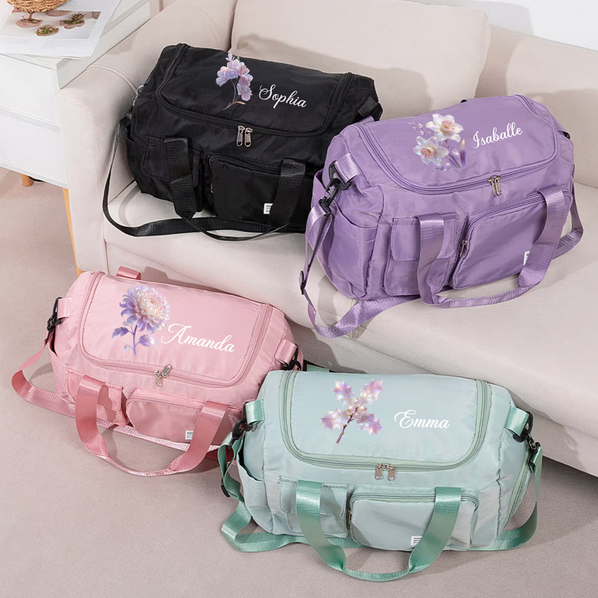 Personalized Birth Flower Name Multi-Compartment Waterproof Weekend Bag with Shoulder Strap Travel Accessories Birthday Gift for Women Girls