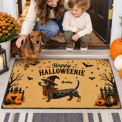 Cute Dachshund Halloween Welcome Mat, Spooky Halloweenie Custom Entry Decor, Gift For Doxie Dog Owners - Personalized Doormat
