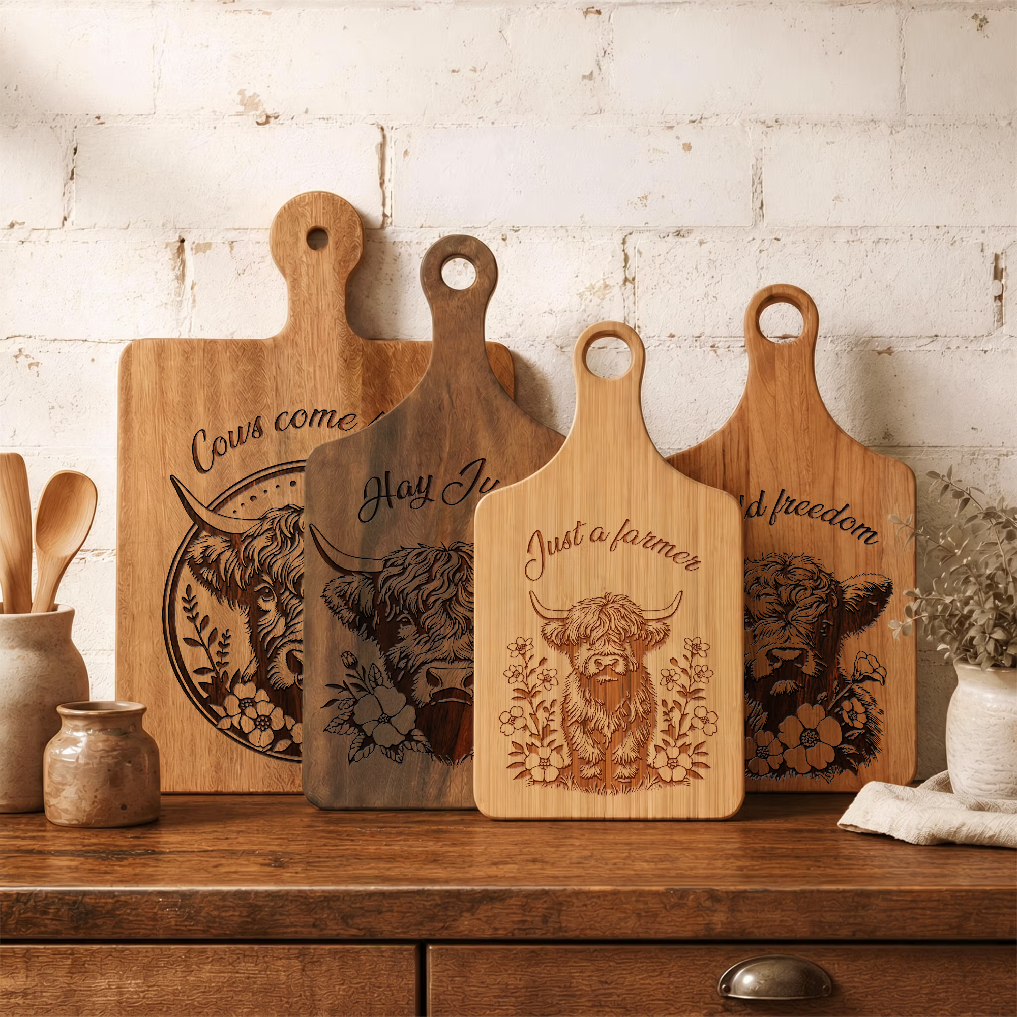 Personalized Flower Highland Cow Wooden Reversible Cutting Board with Engraved Text Grip Ship from USA Housewarming Birthday Gift for Family Friends