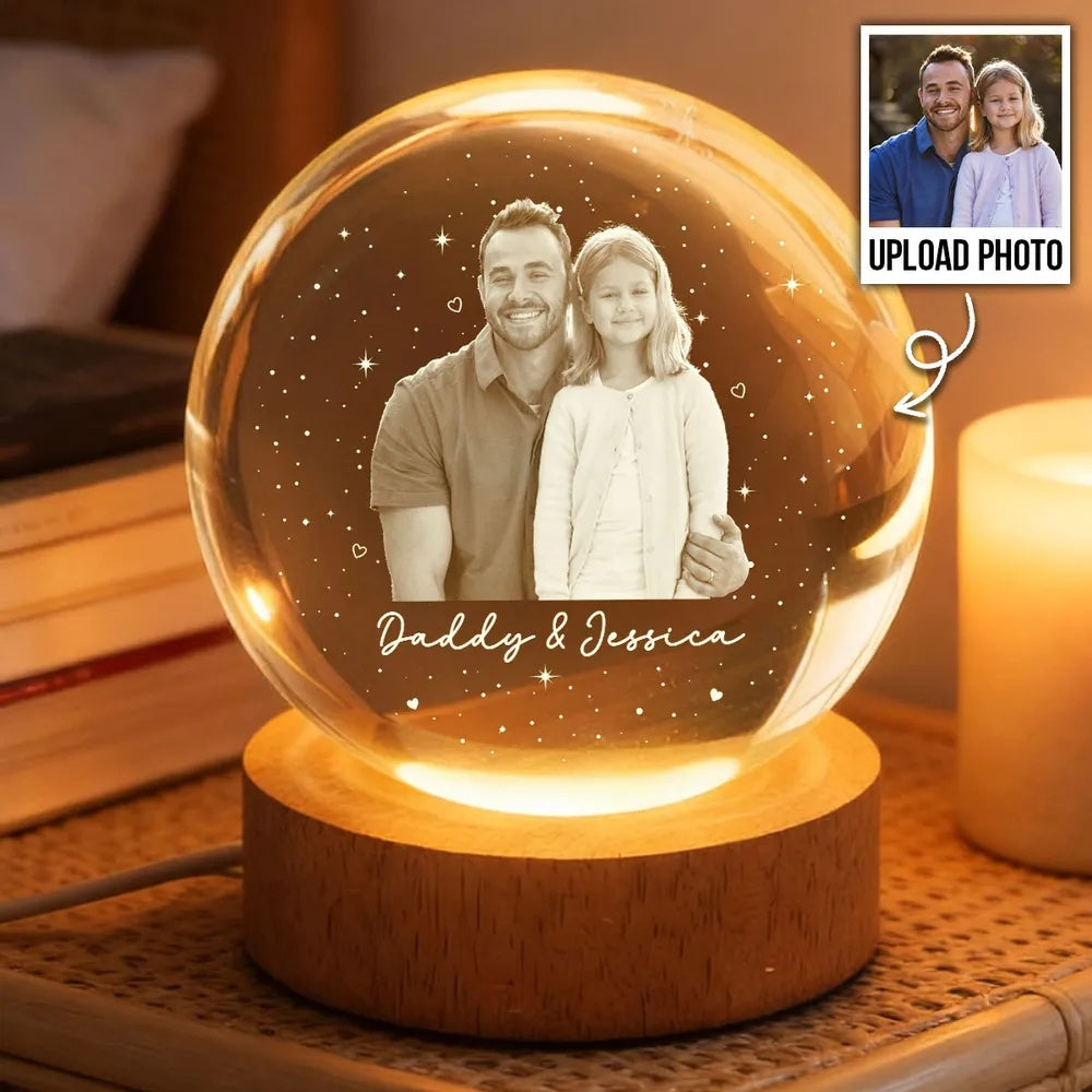 Dad And Kid Custom Upload Photo - Personalized Crystal Ball LED Night Light - Father's Day Gift For Dad