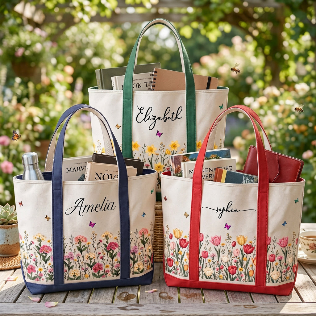 Custom Birth Flower & Name For Friends, Daughter, Granddaughter, Coworkers - Personalized Tote Bag