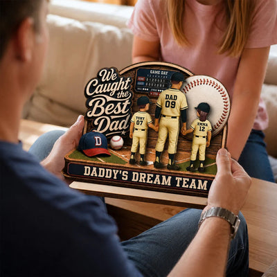 Baseball Things Dad & Kids Back View Standing 2D Flat - Personalized 2-Layered Wooden Plaque - Happy Father's Day For Baseball Dad