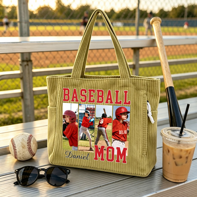Personalized Baseball Mom 4 Photos Collage Classic Corduroy Tote Bag with Name and Title Daily Use Shopping Game Day Gift for Mom Grandma
