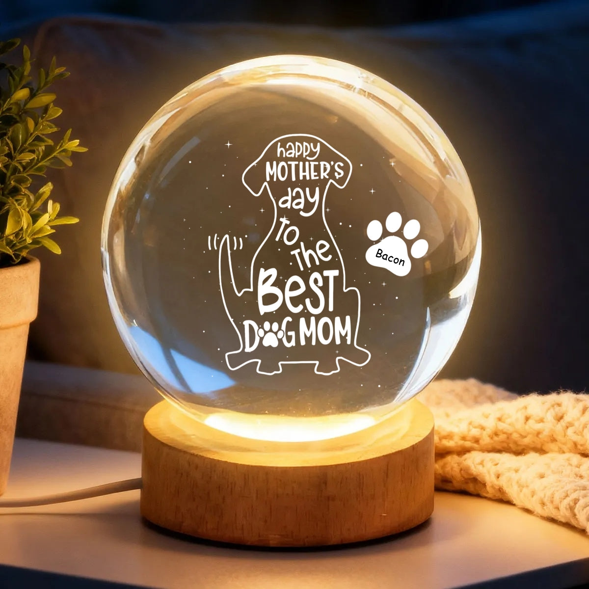 Happy Mother's Day Dog Mom - Personalized Crystal Ball LED Night Light - Heartfelt Mother's Day Gift for Wife
