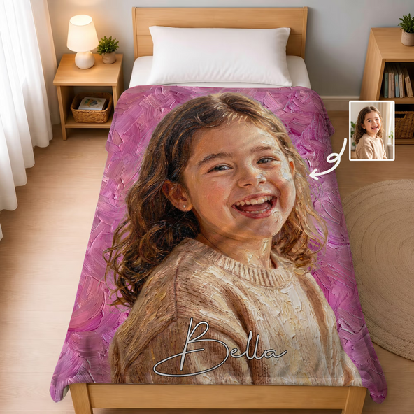Personalized Oil Painting Style Photo Soft Throw Blanket with Name Home Decor Birthday Housewarming Anniversary Gift for Family Friends