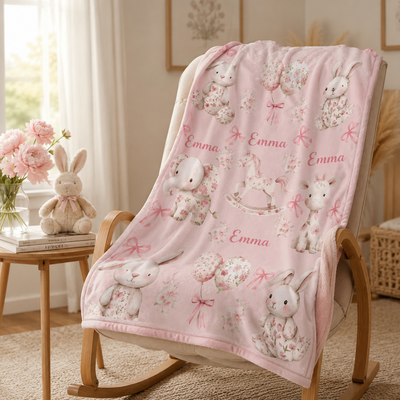 Personalized Floral Bunny Elephant Pink Bow Soft Throw Blanket with Name Nursery Decor Easter Birthday Gift for Kids Girls