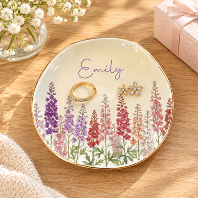 Personalized Birth Month Flower Trinket Dish, Watercolor Ceramic Jewelry Tray with Custom Name, Birthday Gift for Her