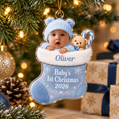 Personalized Baby's First Christmas Photo Acrylic Ornament, Custom Name & Year Stocking Baby Photo Keepsake Gift For Newborn Babys