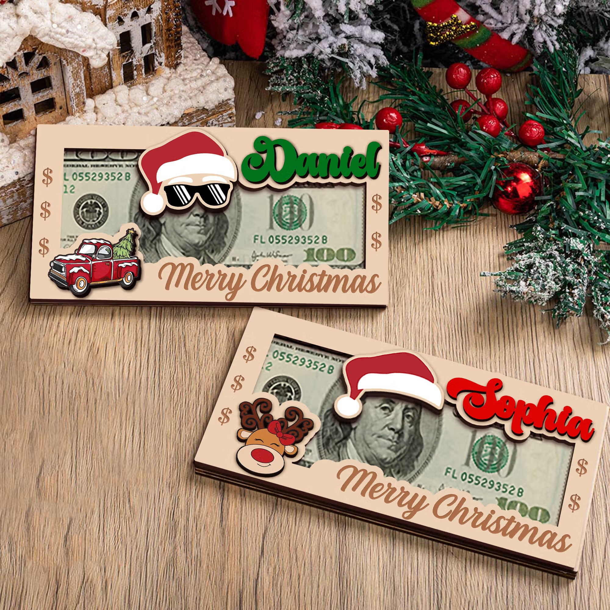 Personalized Santa Claus Hat Wooden Money Holder with Name Unique Money Card Christmas Gift for Kids Family