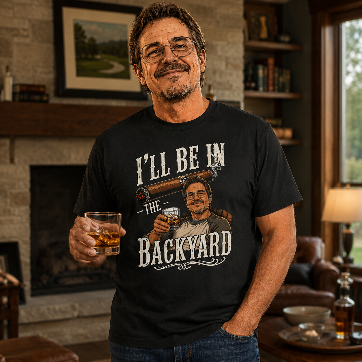 I'll Be In The Backyard Custom T-Shirt Vintage Cigar Whiskey Drinking Graphic Tee Gift For Dad Grandpa