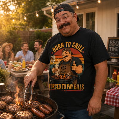 Born To Grill Forced To Pay Bills Vintage BBQ Custom T-Shirt – Funny Grill Master Dad Graphic Tee Gift For Grill Loving Husbands & Papas
