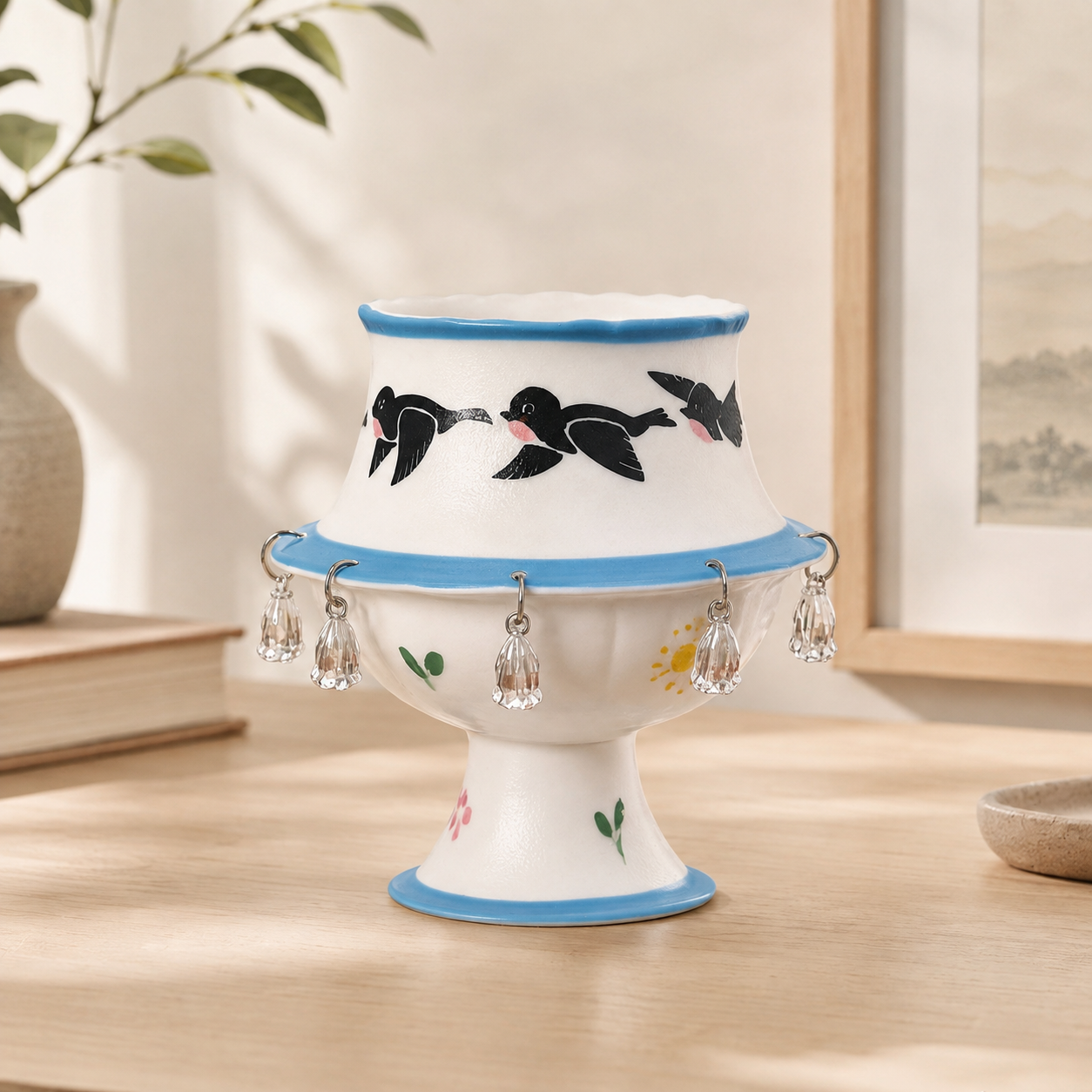 Rotating Bird Ceramic Cup Decor – Handmade Spinning Bell Tabletop Ornament for Home & Office, Gift for Family & Friends