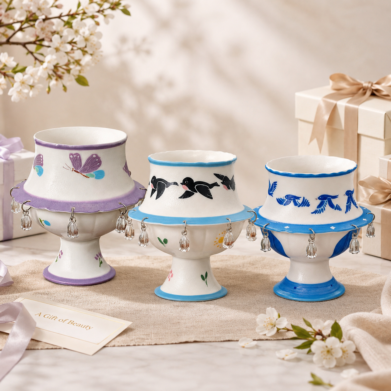 Rotating Bird Ceramic Cup Decor – Handmade Spinning Bell Tabletop Ornament for Home & Office, Gift for Family & Friends