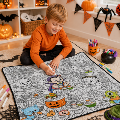 Halloween DIY Coloring Blanket, Black and White Line Art Throw, Ghost Pumpkin Witch Haunted House Coloring Activity Blanket for Kids & Adults, Holiday Gift