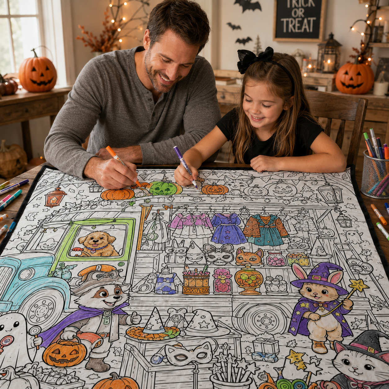 Halloween DIY Coloring Blanket, Black and White Line Art Throw, Ghost Pumpkin Witch Haunted House Coloring Activity Blanket for Kids & Adults, Holiday Gift