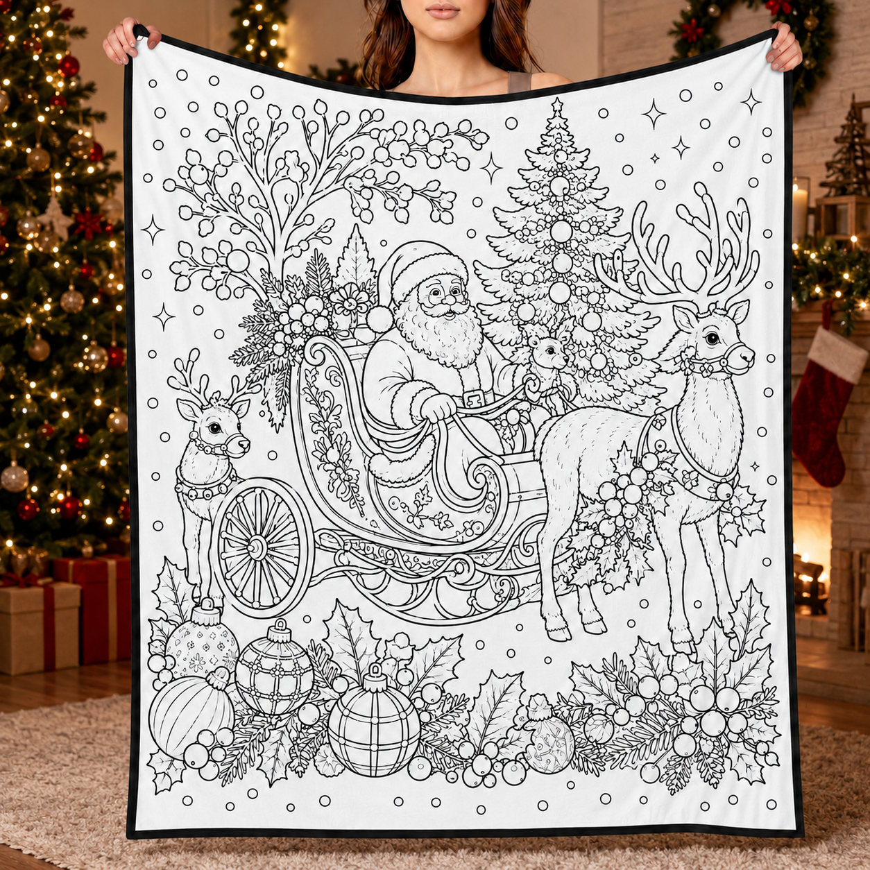 DIY Christmas Drawing Blanket with 24 Colors Markers, Doodle Your Own Xmas Blanket, Customizable Washable Paint Play Blanket for Adults, Kids