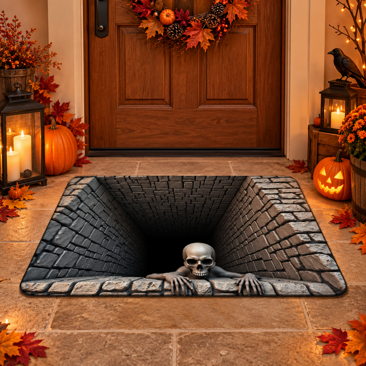 Halloween Skeleton Floor Mat – 3D Optical Illusion Trap Design, Spooky Home Decor Gift for Halloween Lovers