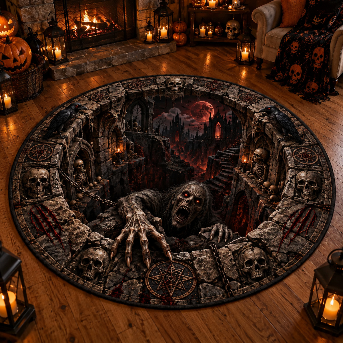 Halloween Horror 3D Round Rug – Abyss Monster Optical Illusion Design, Spooky Home Decor Gift for Horror Fans