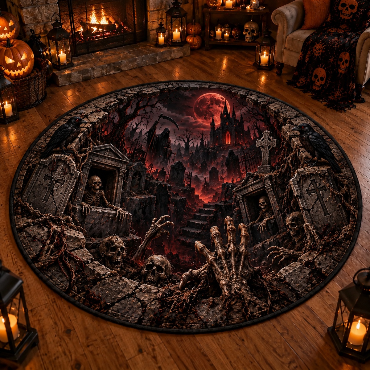 Halloween Horror 3D Round Rug – Abyss Monster Optical Illusion Design, Spooky Home Decor Gift for Horror Fans