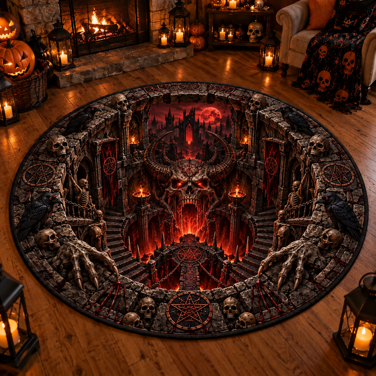 Halloween Horror 3D Round Rug – Abyss Monster Optical Illusion Design, Spooky Home Decor Gift for Horror Fans