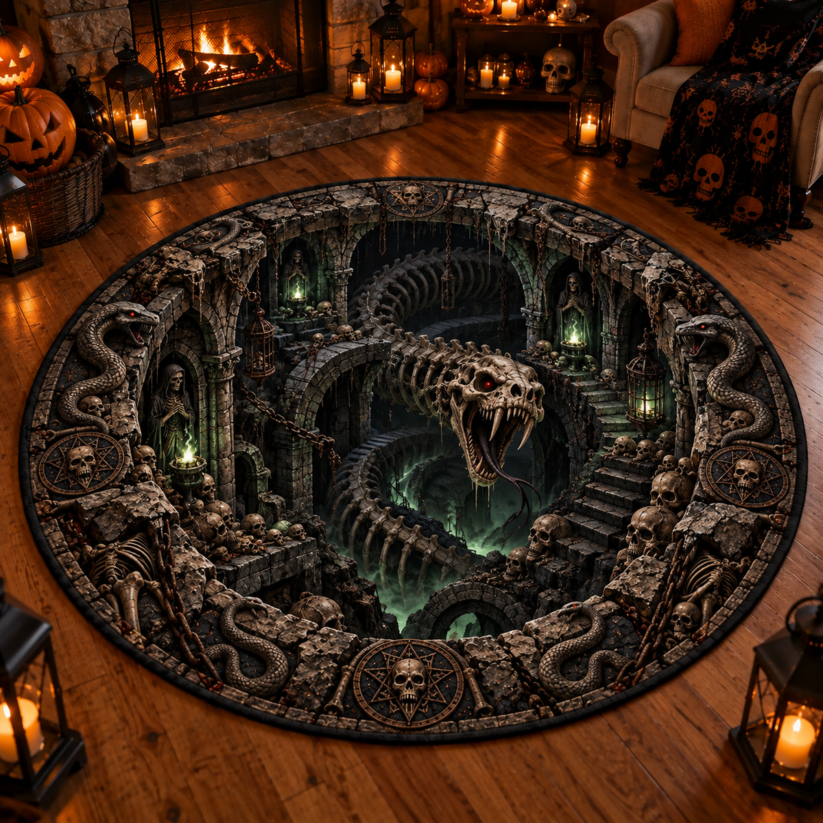 Halloween Horror 3D Round Rug – Abyss Monster Optical Illusion Design, Spooky Home Decor Gift for Horror Fans