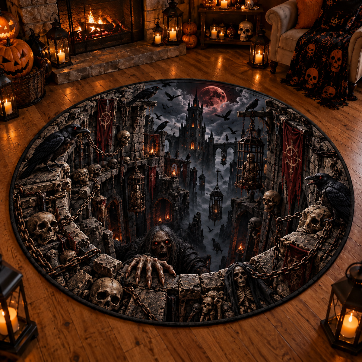 Halloween Horror 3D Round Rug – Abyss Monster Optical Illusion Design, Spooky Home Decor Gift for Horror Fans