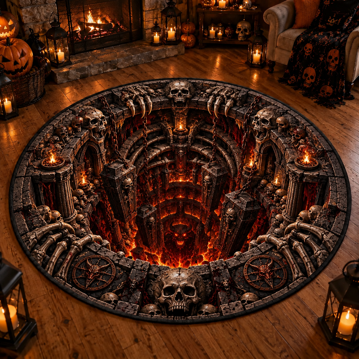 Halloween Horror 3D Round Rug – Abyss Monster Optical Illusion Design, Spooky Home Decor Gift for Horror Fans