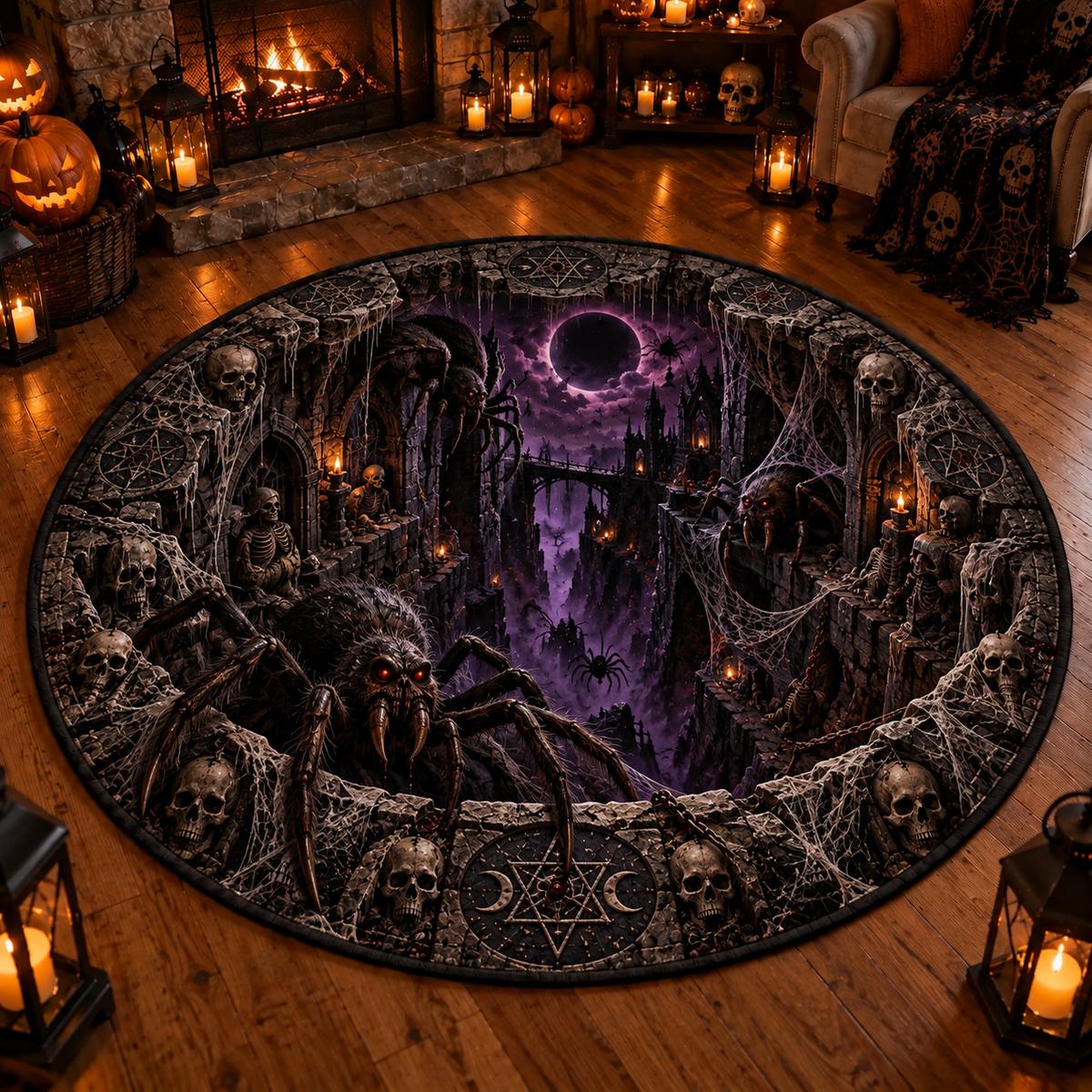 Halloween Horror 3D Round Rug – Abyss Monster Optical Illusion Design, Spooky Home Decor Gift for Horror Fans