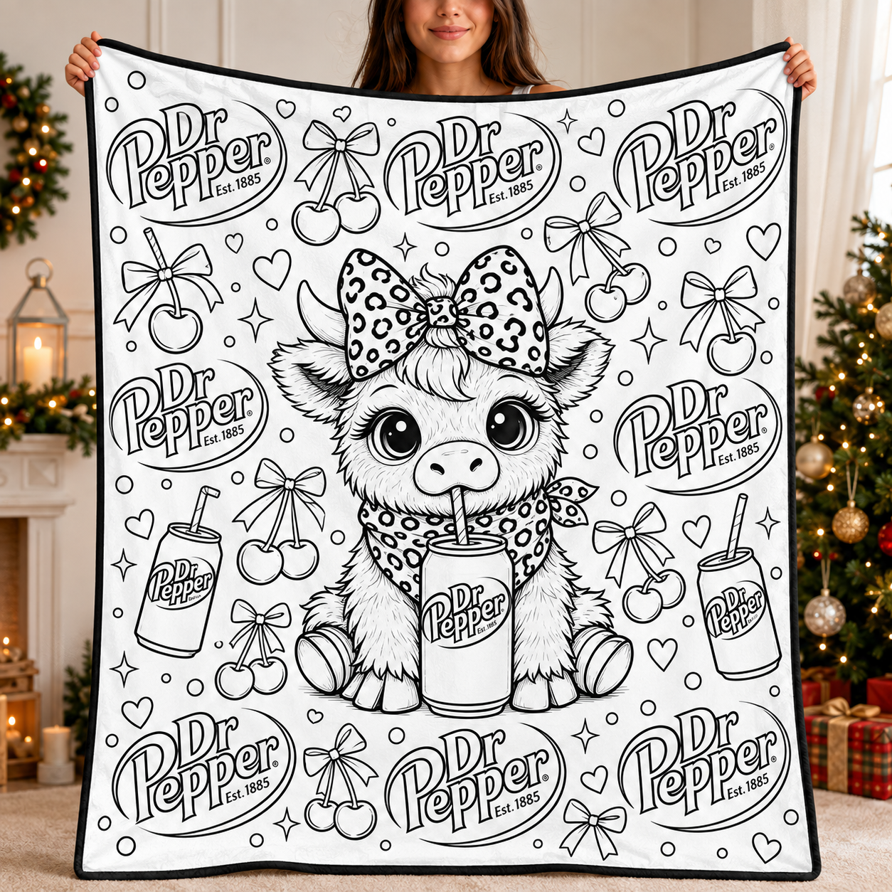 Highland Cow Dr Pepper Coloring Blanket, DIY Color Your Own Blanket, Cute Cow Soda Themed Throw Blanket, Creative Art Gift for Cow and Soda Lovers