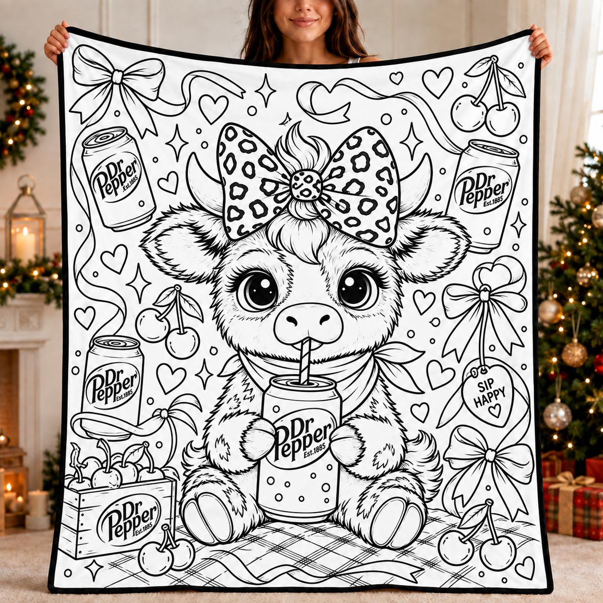 Highland Cow Dr Pepper Coloring Blanket, DIY Color Your Own Blanket, Cute Cow Soda Themed Throw Blanket, Creative Art Gift for Cow and Soda Lovers