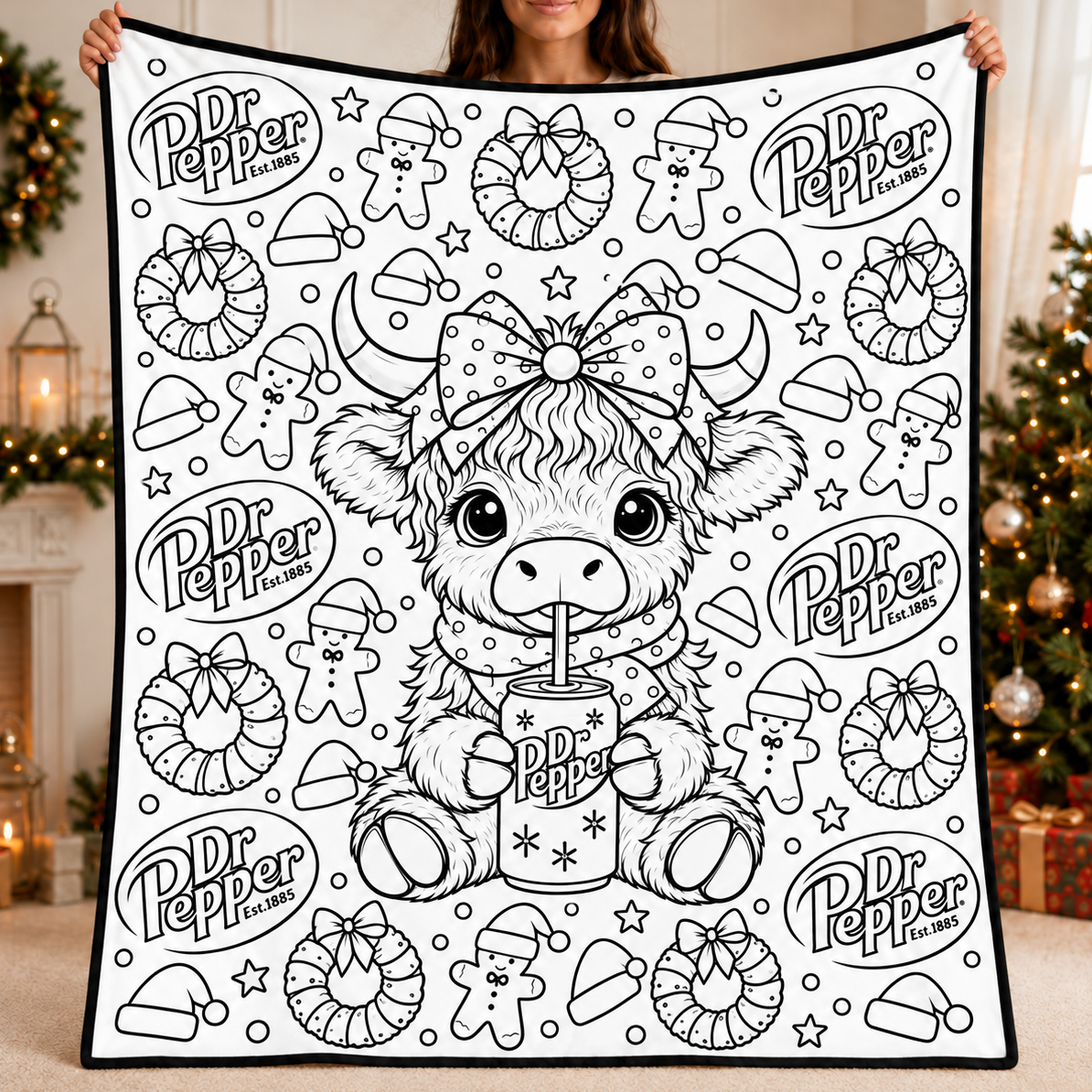 Highland Cow Dr Pepper Coloring Blanket, DIY Color Your Own Blanket, Cute Cow Soda Themed Throw Blanket, Creative Art Gift for Cow and Soda Lovers