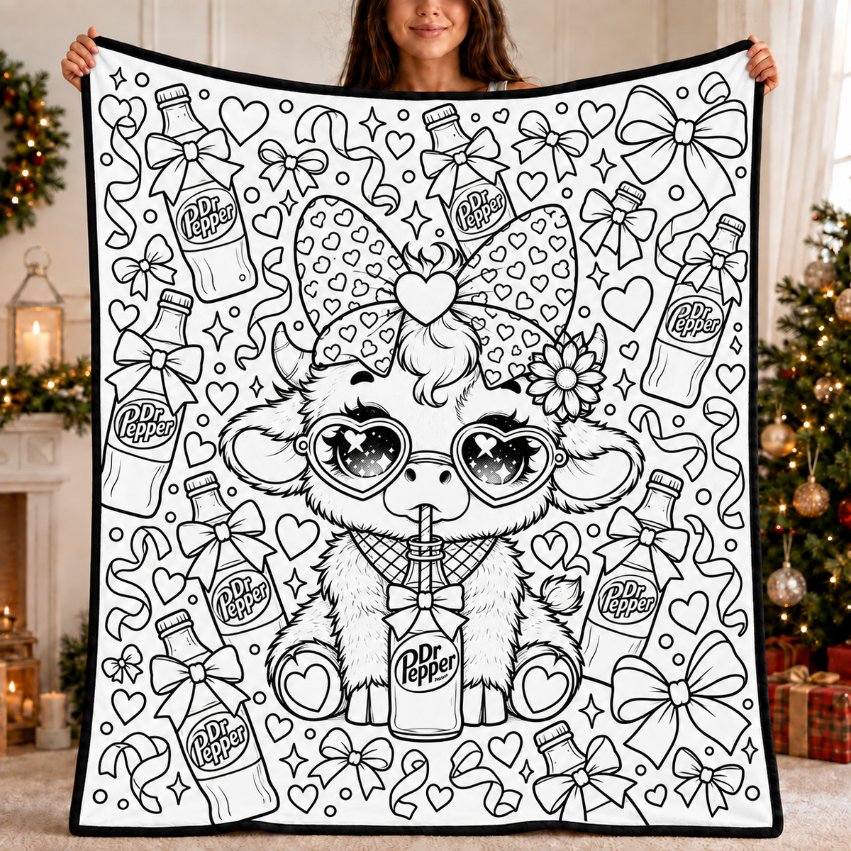 Highland Cow Dr Pepper Coloring Blanket, DIY Color Your Own Blanket, Cute Cow Soda Themed Throw Blanket, Creative Art Gift for Cow and Soda Lovers