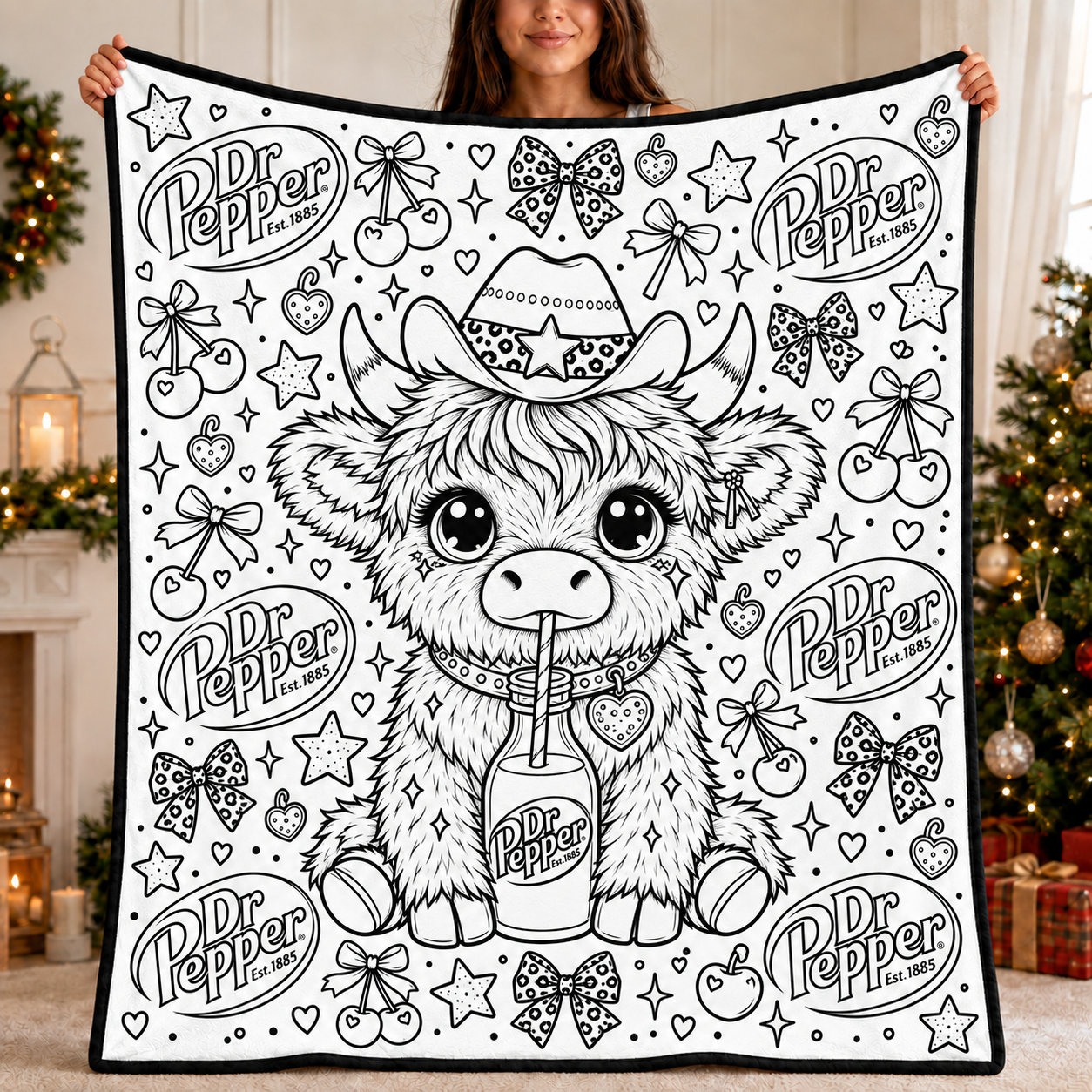 Highland Cow Dr Pepper Coloring Blanket, DIY Color Your Own Blanket, Cute Cow Soda Themed Throw Blanket, Creative Art Gift for Cow and Soda Lovers