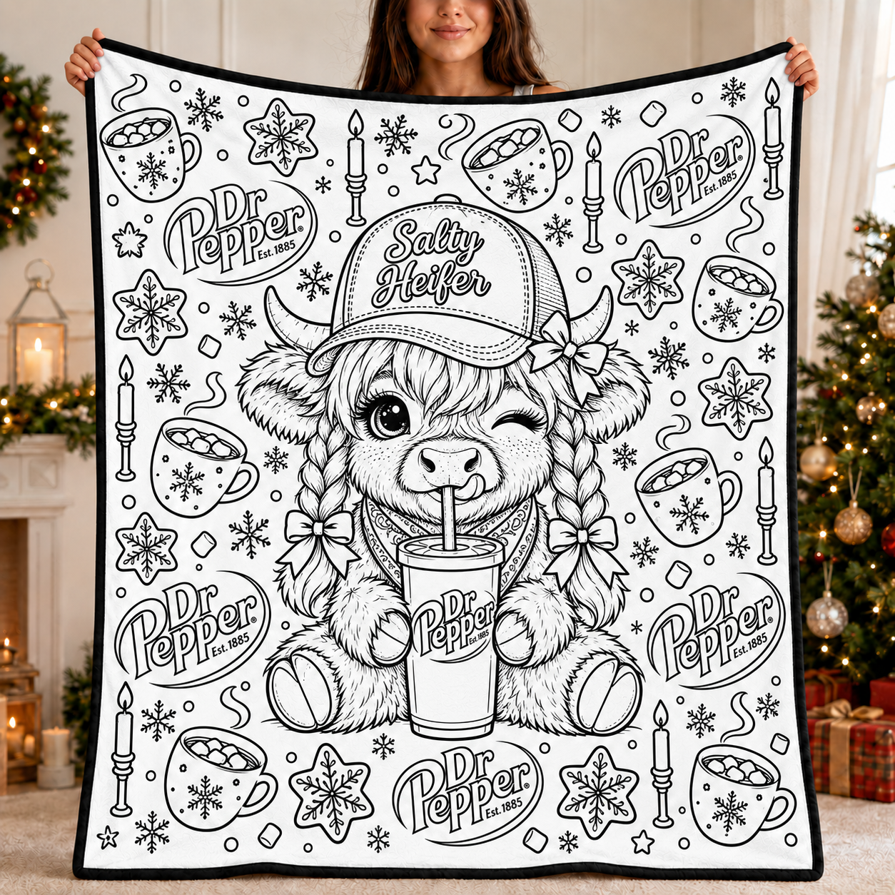 Highland Cow Dr Pepper Coloring Blanket, DIY Color Your Own Blanket, Cute Cow Soda Themed Throw Blanket, Creative Art Gift for Cow and Soda Lovers