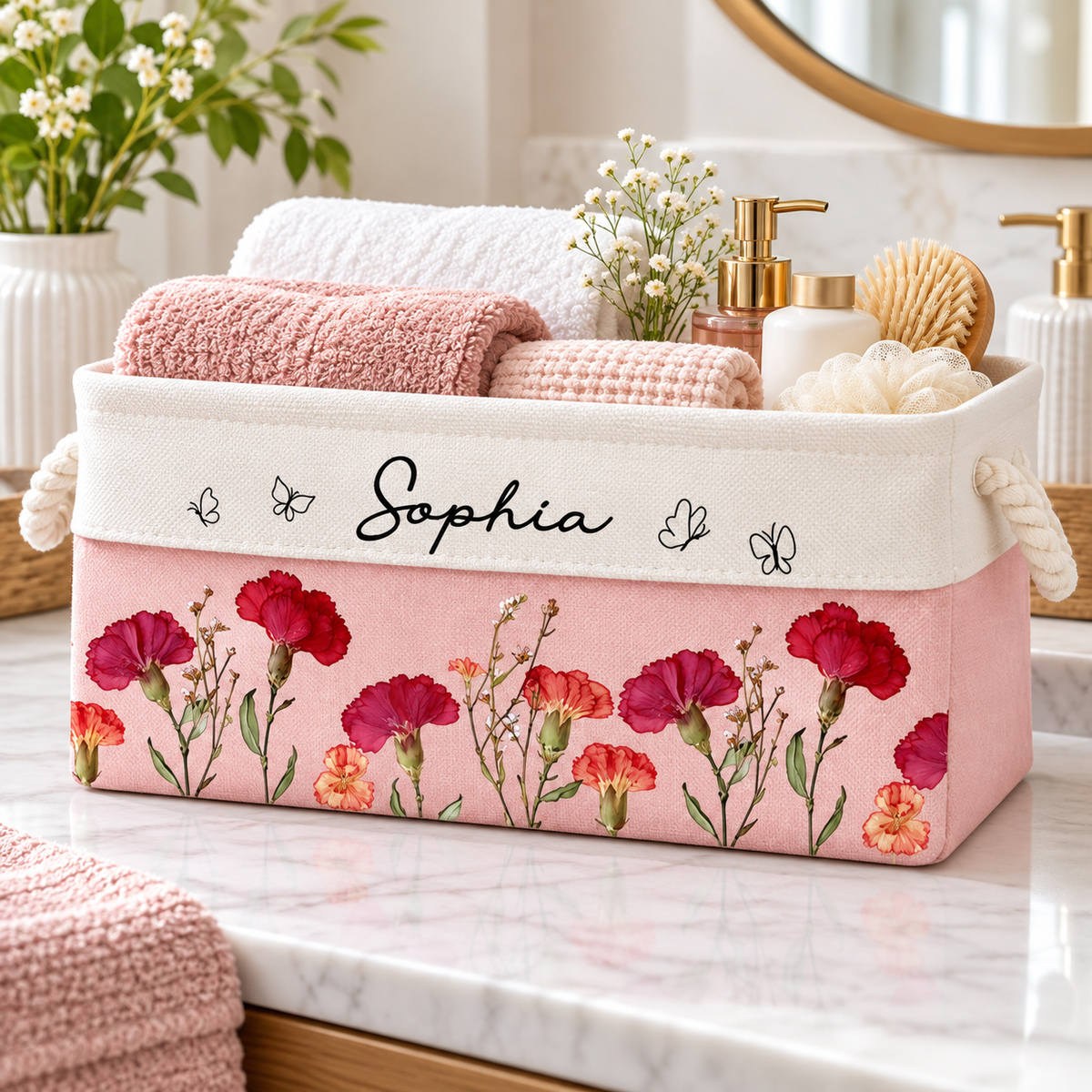 Custom Birth Flower & Name - Personalized Storage Basket