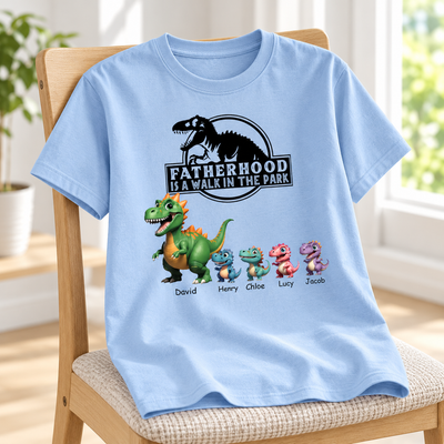 Fatherhood Is A Walk In The Park Custom Cartoon Dinosaurs - Personalized Shirt - Father's Day Gift For Husband, Dad