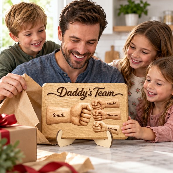 Sentimental Rustic Daddy's Team Fist Bump - Personalized 2-Layered Wooden Plaque - Father's Day Gift For Dad, Husband