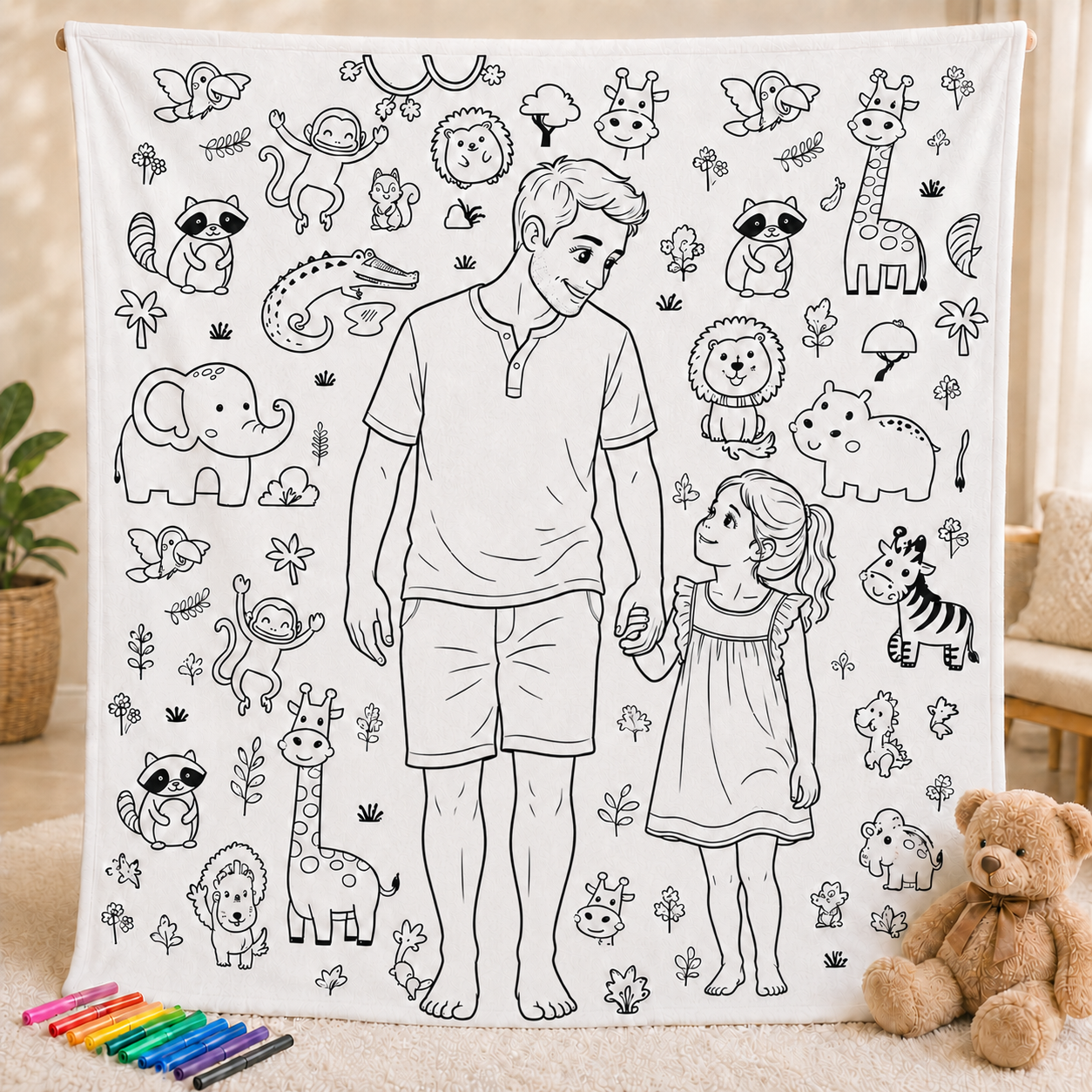 Custom DIY Line Art Blanket, Upload Your Photo To Make Unique Black And White Outline Doodle Blanket, Washable Coloring Throw Blanket For Adults & Family