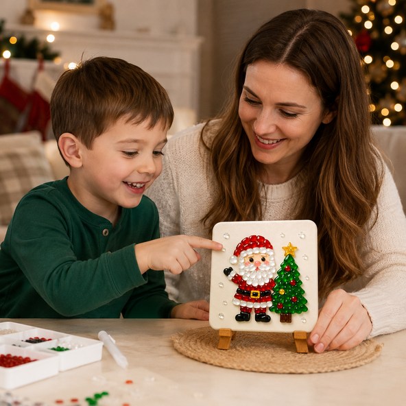 Christmas Acrylic Glass Mosaic DIY Craft Kit – Holiday Craft Gift for Kids, Adults & Families with Wooden Display Stand
