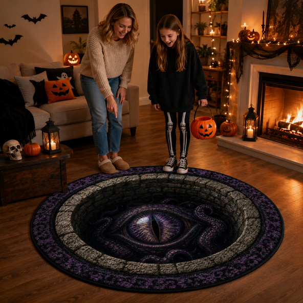 Halloween 3D Vortex Optical Illusion Round Rug, Non Slip Decorative Floor Mat, Spooky Visual Trap Design, Halloween Home Decor Gift for Family & Party Lovers