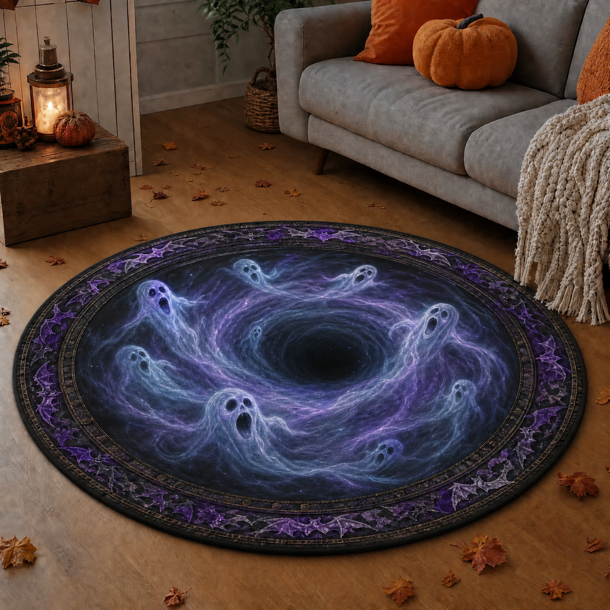 Halloween 3D Vortex Optical Illusion Round Rug, Non Slip Decorative Floor Mat, Spooky Visual Trap Design, Halloween Home Decor Gift for Family & Party Lovers