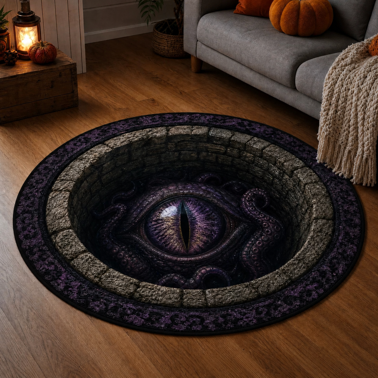 Halloween 3D Vortex Optical Illusion Round Rug, Non Slip Decorative Floor Mat, Spooky Visual Trap Design, Halloween Home Decor Gift for Family & Party Lovers