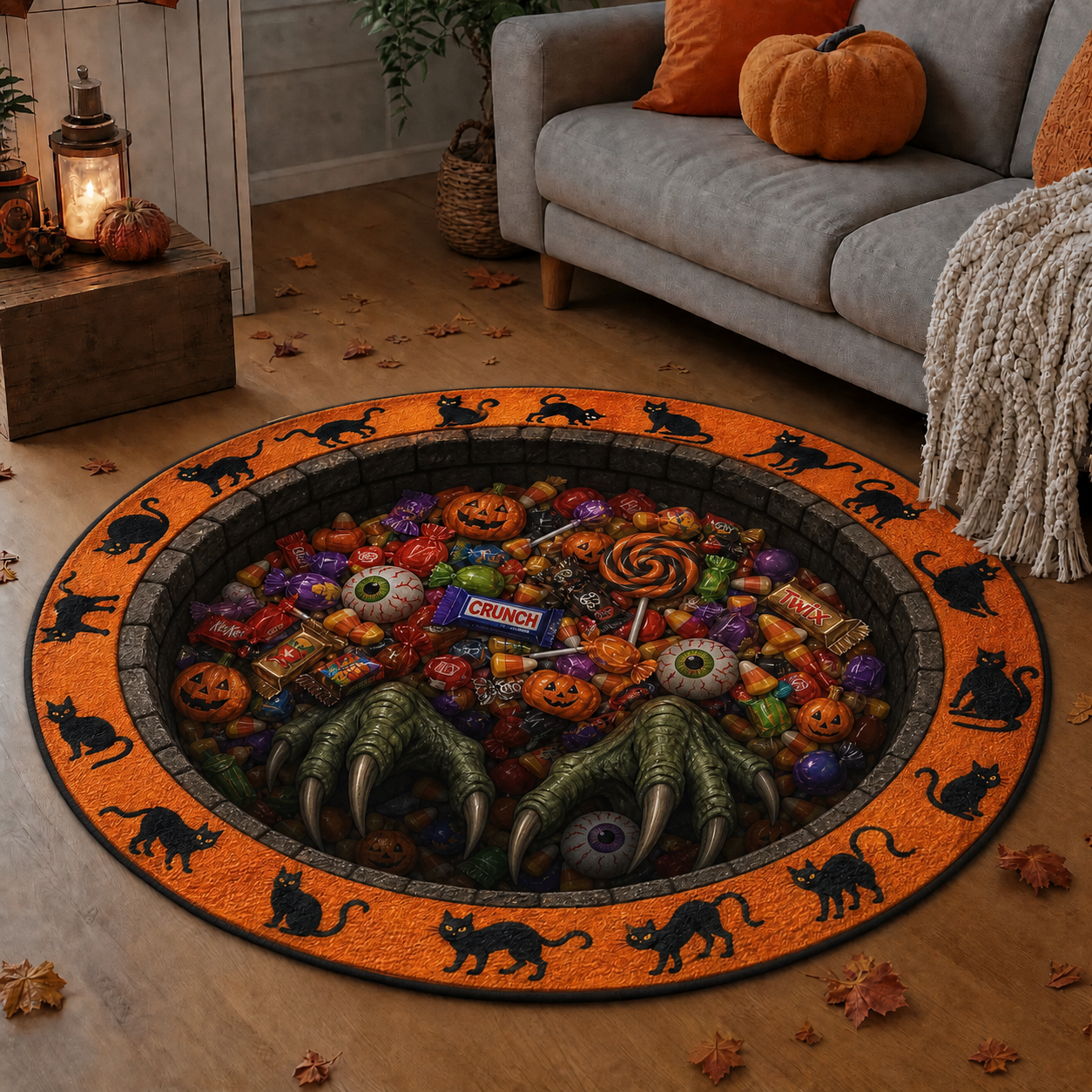 Halloween 3D Vortex Optical Illusion Round Rug, Non Slip Decorative Floor Mat, Spooky Visual Trap Design, Halloween Home Decor Gift for Family & Party Lovers