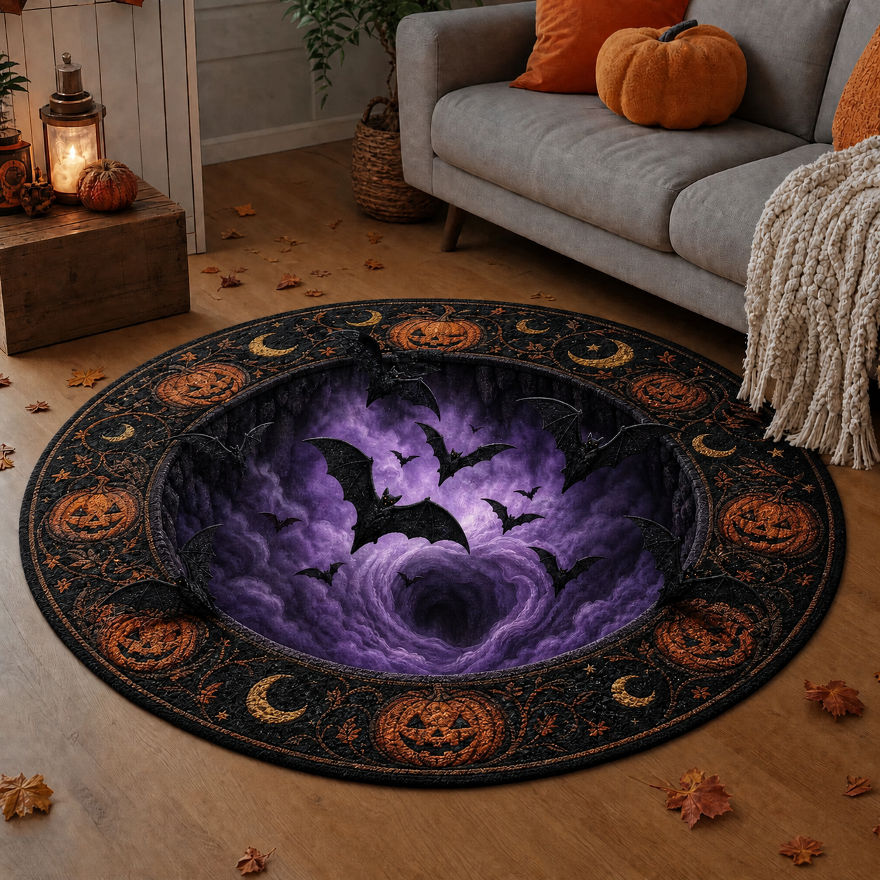 Halloween 3D Vortex Optical Illusion Round Rug, Non Slip Decorative Floor Mat, Spooky Visual Trap Design, Halloween Home Decor Gift for Family & Party Lovers
