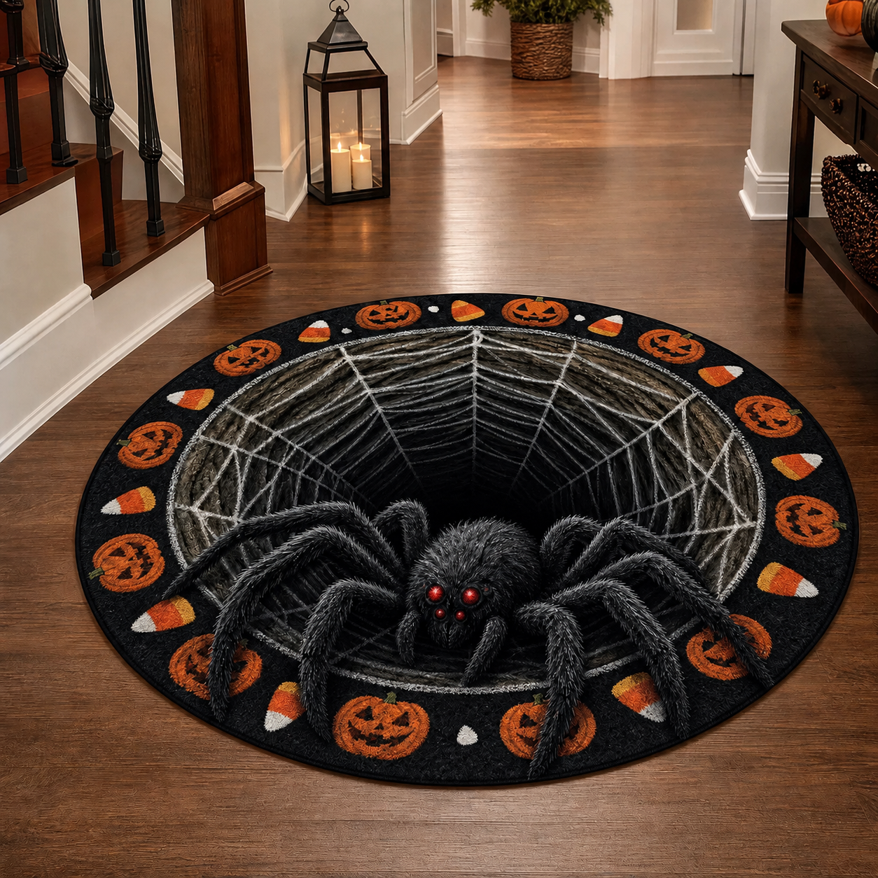 Halloween 3D Vortex Optical Illusion Round Rug, Non Slip Decorative Floor Mat, Spooky Visual Trap Design, Halloween Home Decor Gift for Family & Party Lovers